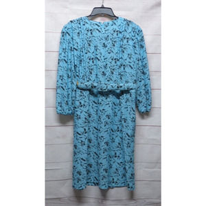 Vintage Warell Blue & Black Floral Dress with Belt Size 14 P Pleated Top